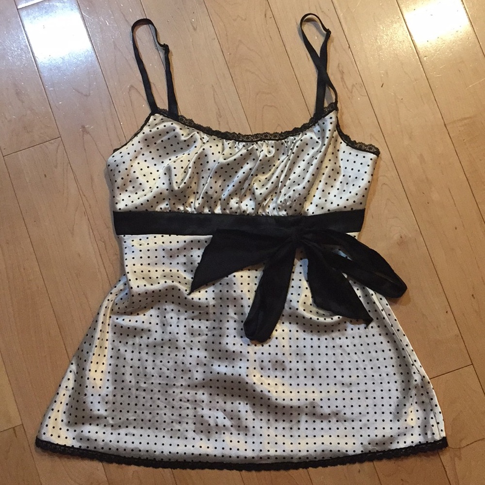 Cream silk tank top with black polka dots